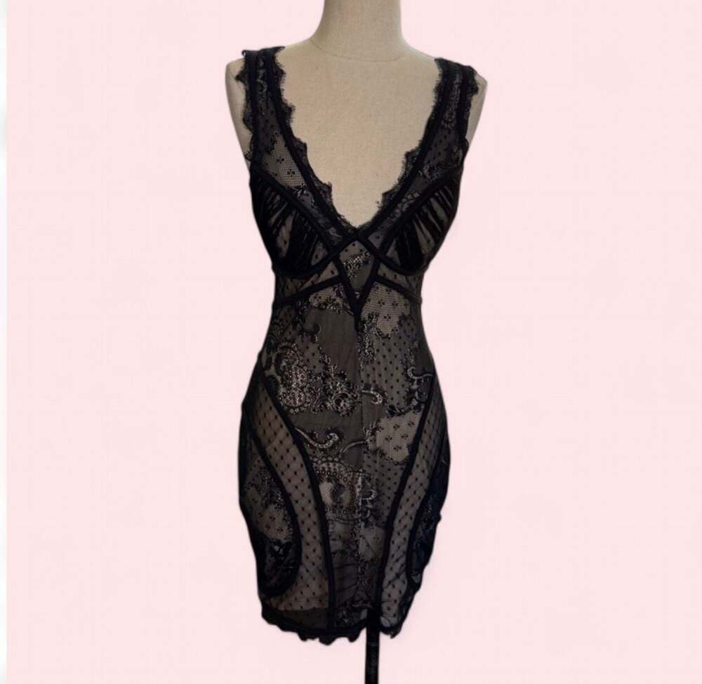 bebe Y2K Vintage Lace Nude Illusion Corset Style Mesh Overlay Mini Dress